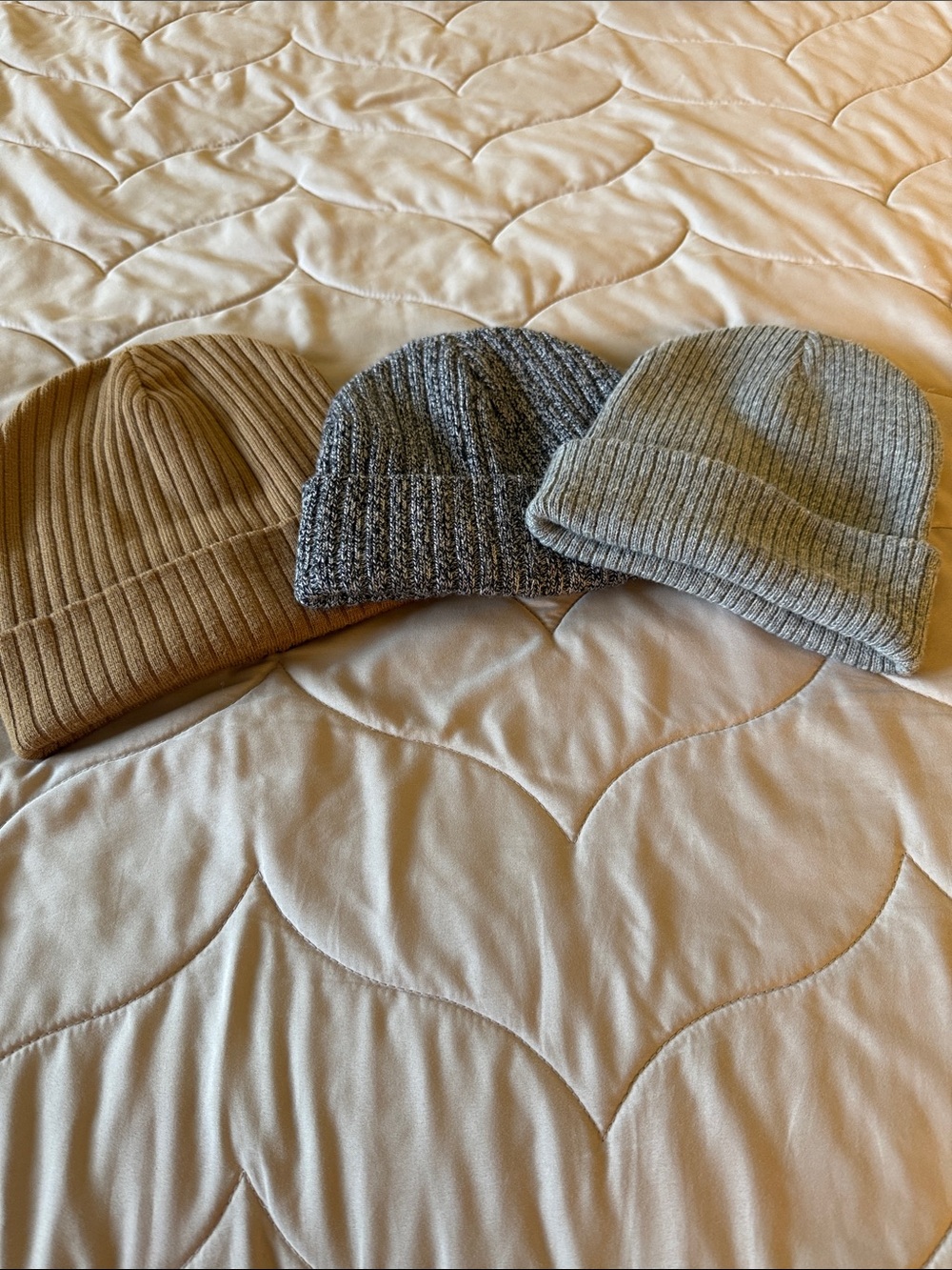 Ribbed Knit Beanie Hats - Tan Jo, Heather Gray, Light Gray